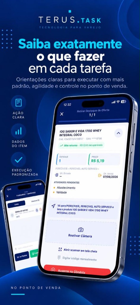 Tarefa guiada no Terus Task com estoque, preço, atividades pendentes e leitura do produto